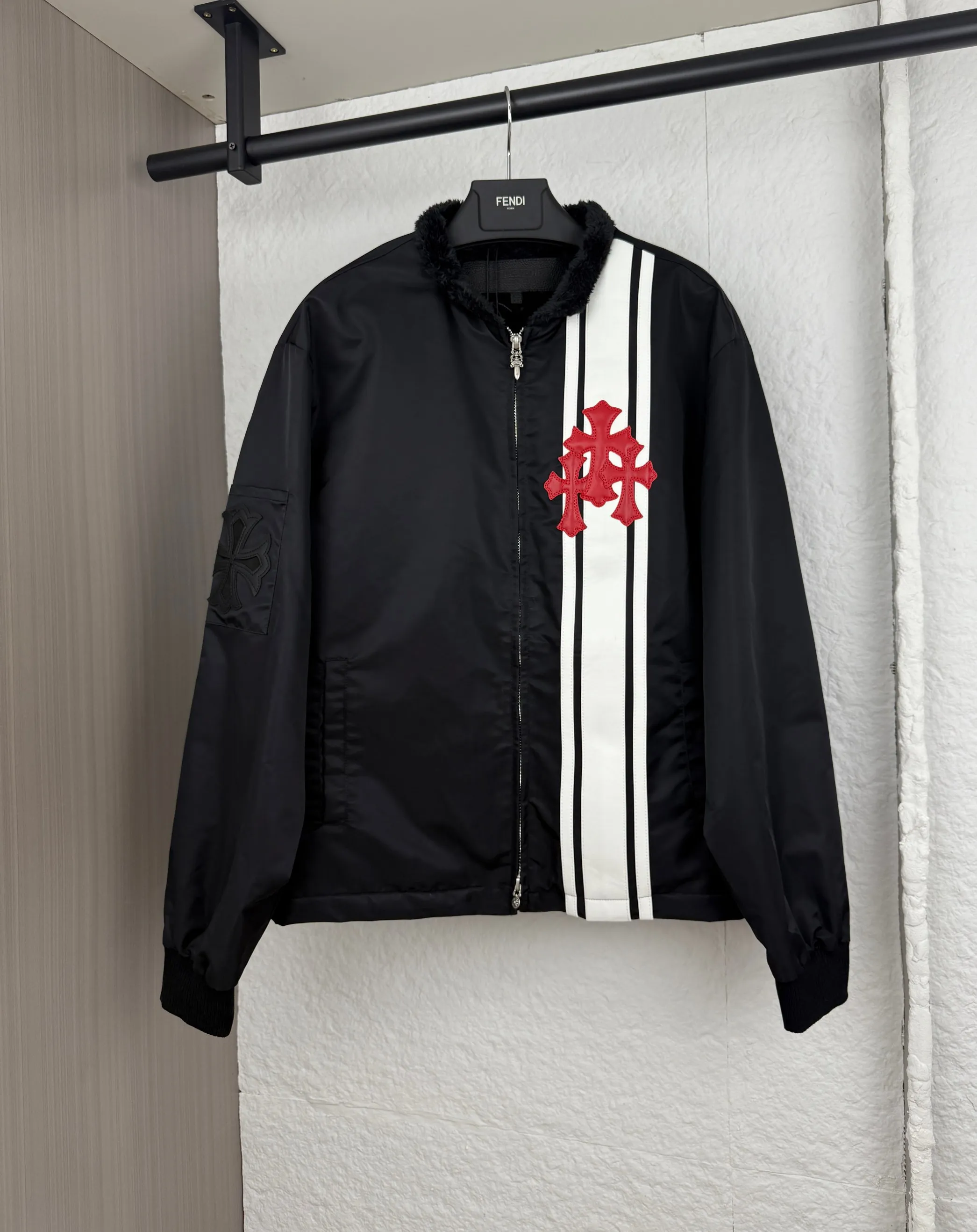 P730 Chrome Hearts Chrome Hearts embroidered leather and velvet jacket S/M/L/XL